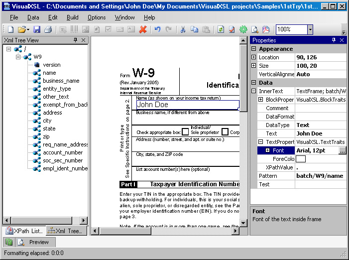 Application screenshot. Data field formatting properties
